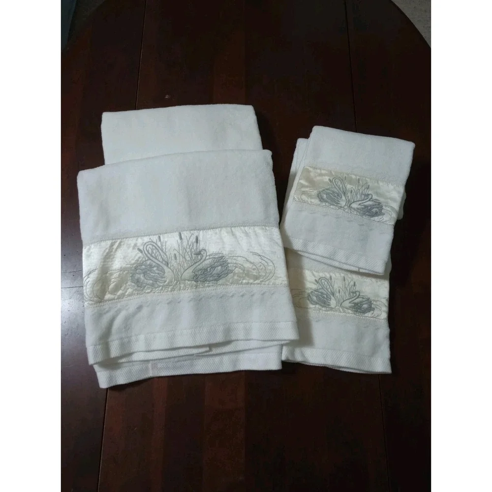 bath towel sets for bathroom Vintage Embroidered White Lace Swan 4pc